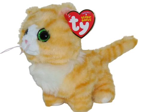 Plush toy cat with a Ty Beanie Babies tag on a white background