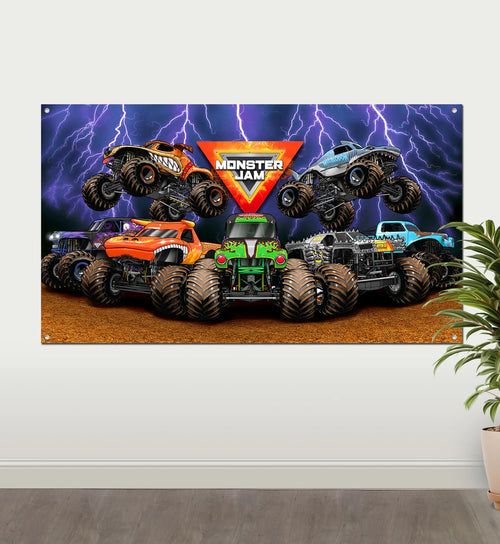 Monster truck banner with 'Monster Jam' logo on a white wall.