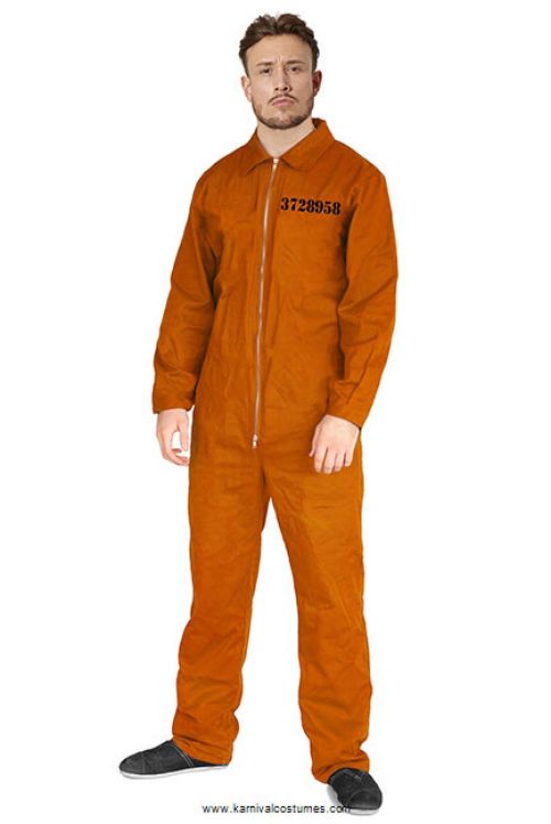 Person wearing an orange jumpsuit with a number on a white background