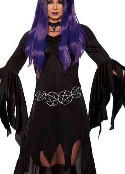 Person wearing a black witch costume with long sleeves and a belt on a white background