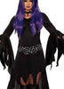 Person wearing a black witch costume with long sleeves and a belt on a white background