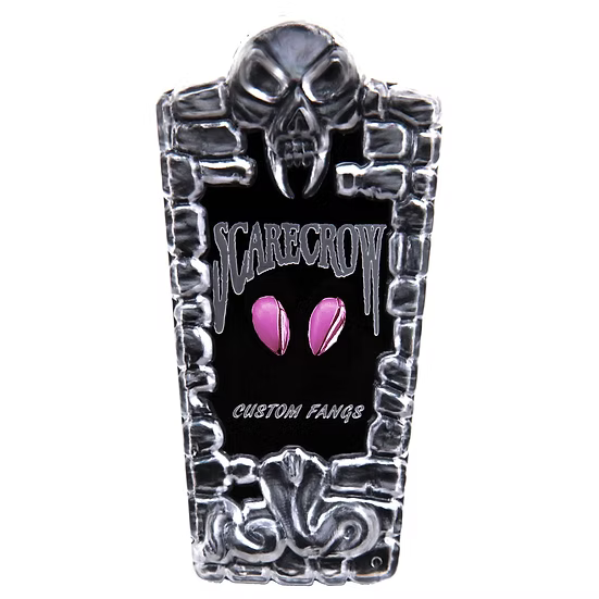 A tombstone-shaped custom fan sign featuring a skull at the top, the word 'SCARECROW' in stylized lettering, two pink eyes, and 'CUSTOM FANGS' at the bottom, shown on a plain white background.
