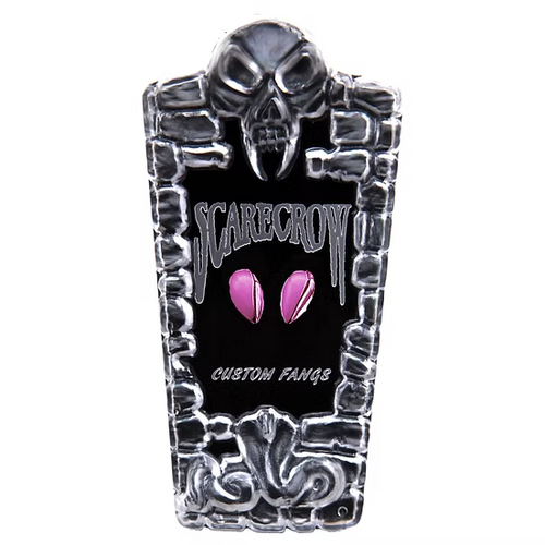 A tombstone-shaped custom fan sign featuring a skull at the top, the word 'SCARECROW' in stylized lettering, two pink eyes, and 'CUSTOM FANGS' at the bottom, shown on a plain white background.