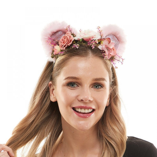 Pink Flower Bear Ears Headband