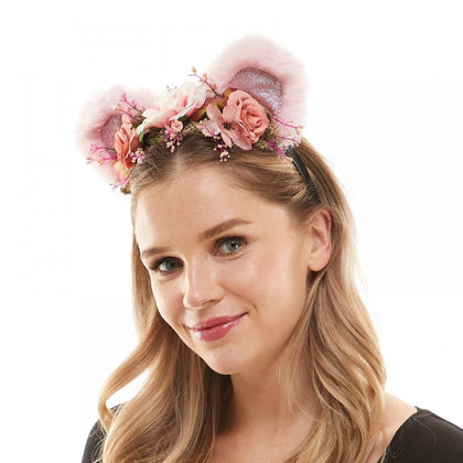 Pink Flower Bear Ears Headband