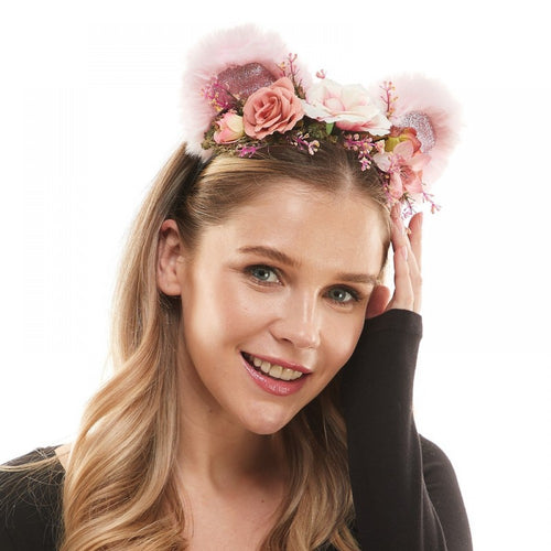 Pink Flower Bear Ears Headband