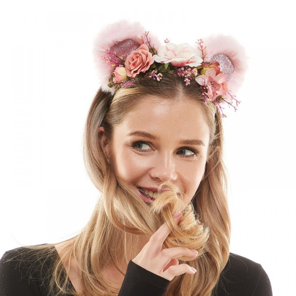 Pink Flower Bear Ears Headband