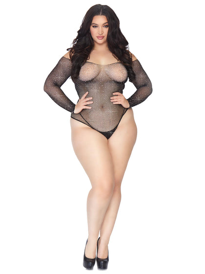 Plus Size Rhinestone Long Sleeve Fishnet Bodysuit  | Black