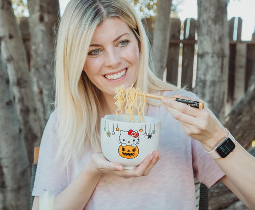 SANRIO HELLO KITTY PUMPKIN BOO 20-OUNCE CERAMIC RAMEN BOWL AND CHOPSTICK SET