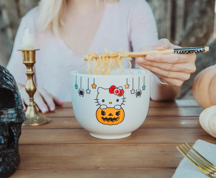 SANRIO HELLO KITTY PUMPKIN BOO 20-OUNCE CERAMIC RAMEN BOWL AND CHOPSTICK SET