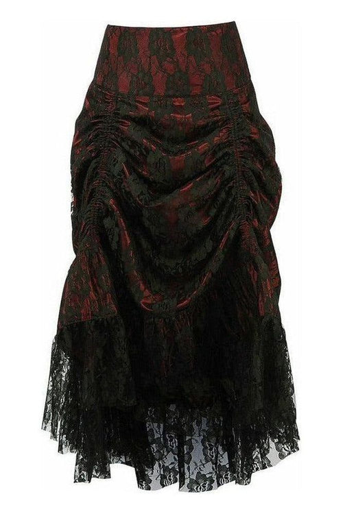 Red w/Black Lace Overlay Ruched Bustle Skirt
