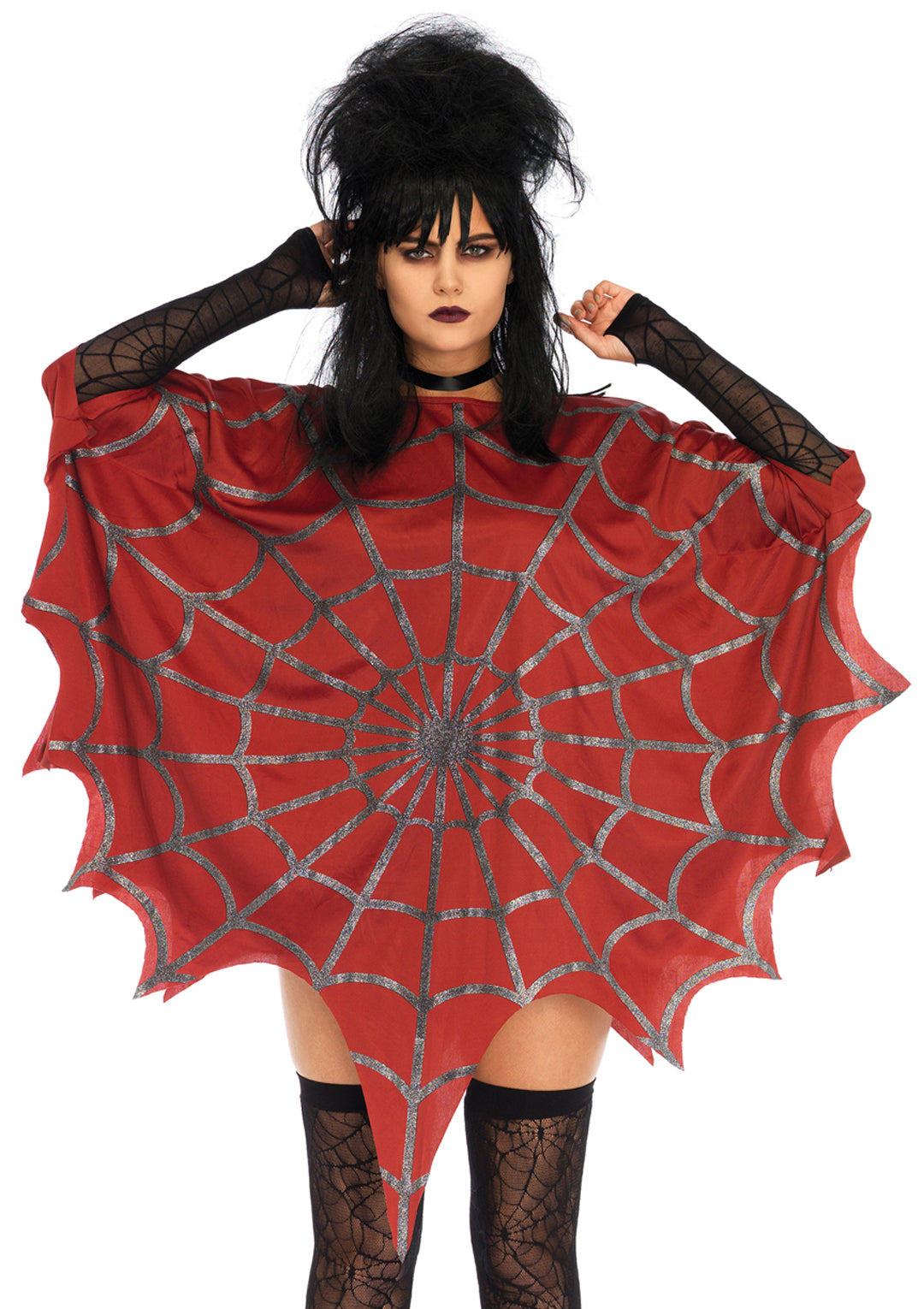 Gothic Glitter Spider Web Costume Poncho | Red