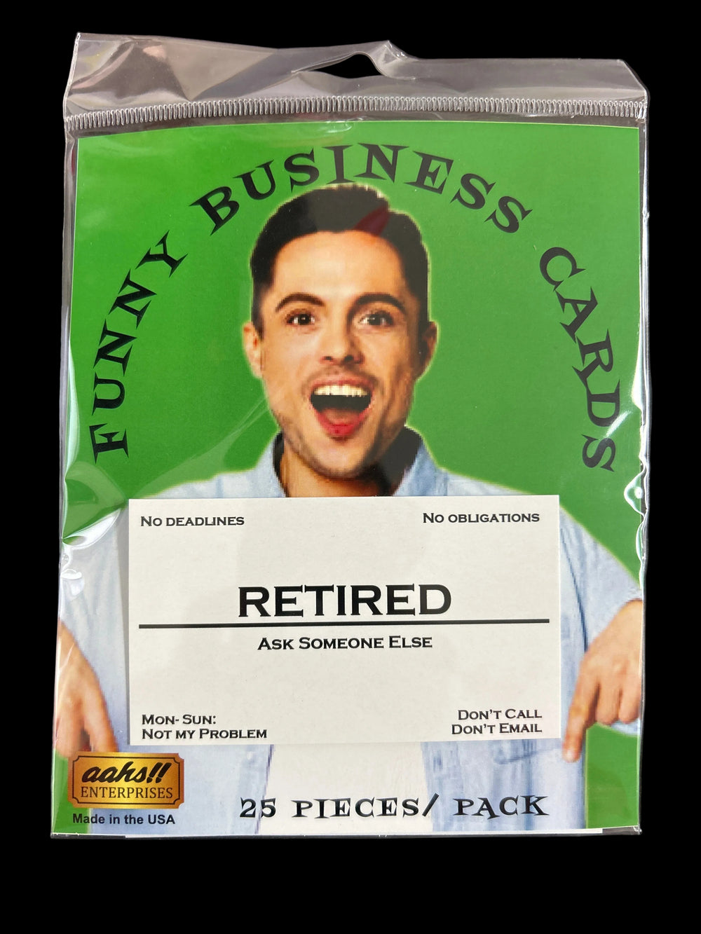 Pack of funny business cards with a humorous design on a dark background
