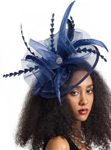 Elegant Navy Blue Fascinator with Feather and Jewel Accent