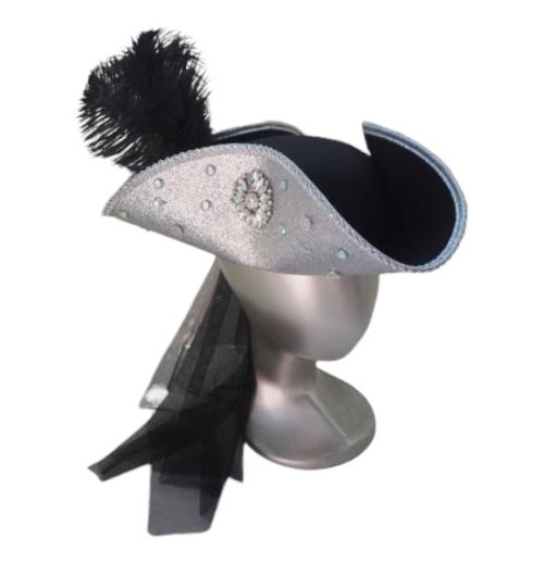 Silver Pirate Hat with Veil & Feather
