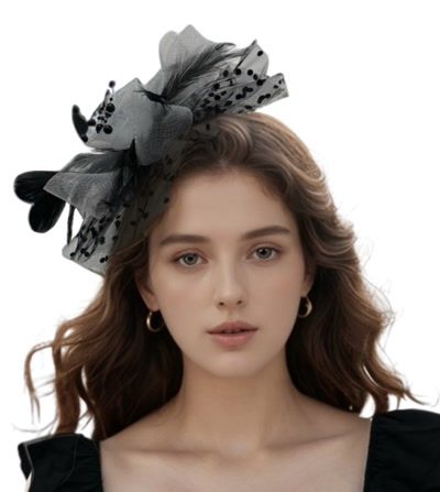 Elegant Black Fascinator with Beaded Floral and Feather Accents