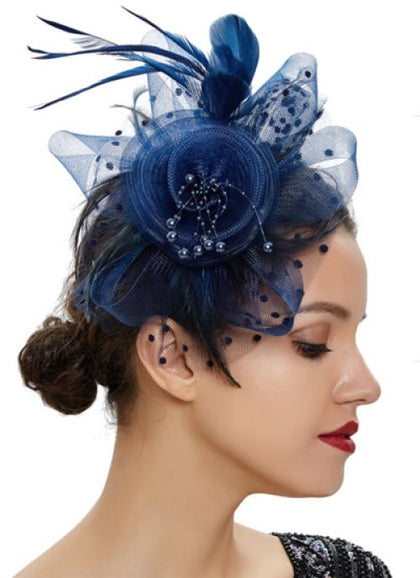 Elegant Navy Blue Fascinator with Beaded Floral and Feather Accents