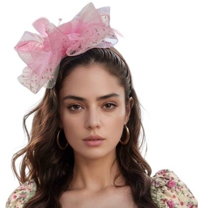 Elegant Pink Fascinator with Beaded Floral and Feather Accents