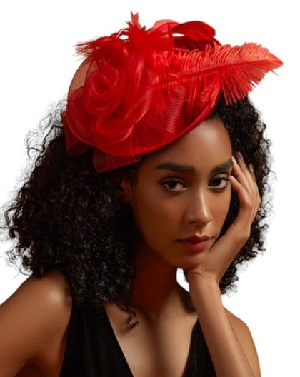 Elegant Red Floral Fascinator with Feather Accents