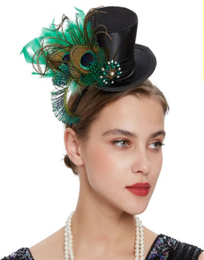 Black Mini Top Hat Fascinator with Peacock Feather Accents