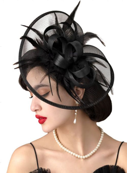 Black Fascinator with Feather and Ribbon Loops