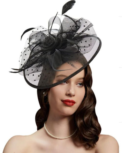 Elegant Black Polka Dot Fascinator with Mesh and Feathers