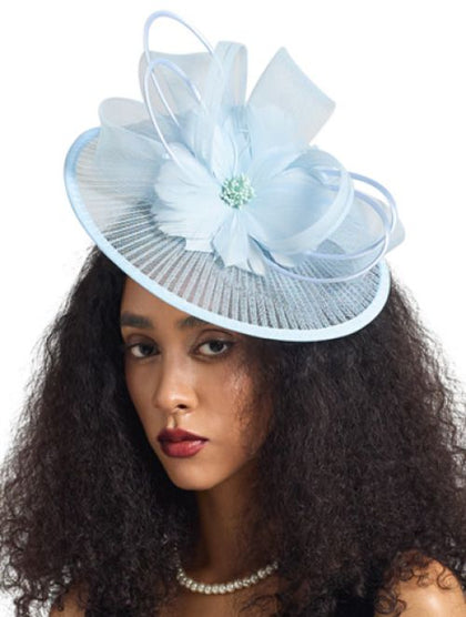 Elegant Light Blue Floral Fascinator with Ribbon and Bead Accents