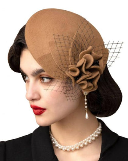 Vintage Brown Felt Fascinator with Floral and Netting