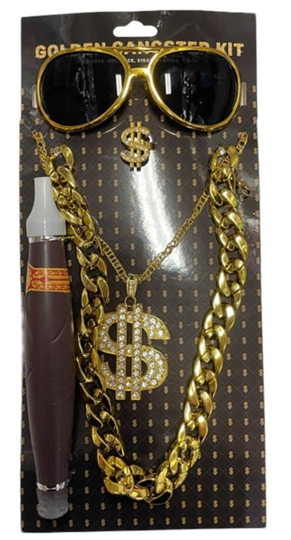 Packaged Golden Gangster Kit with sunglasses, necklace, and vape on a black background