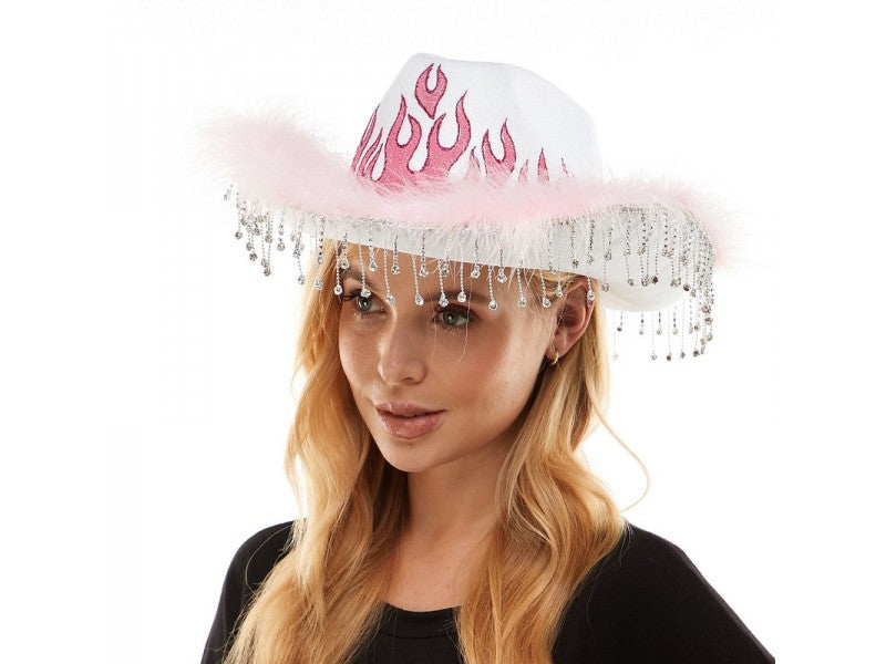 Rhinestone Flame Cowboy Hat | White