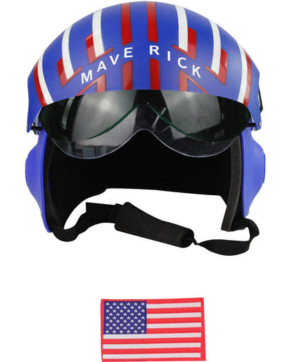 Blue helmet with American flag design and goggles, accompanied by an American flag patch on a white background.