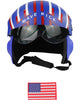 Blue helmet with American flag design and goggles, accompanied by an American flag patch on a white background.