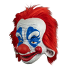 Clown mask with red hair, white face, and blue face paint on a white background