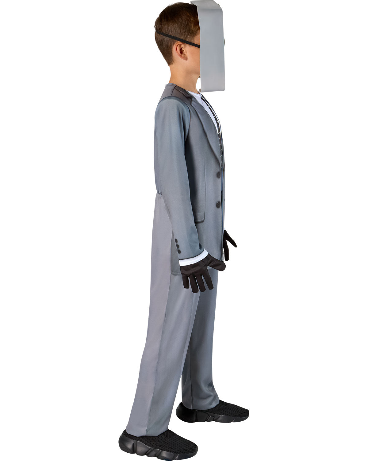 Person wearing a gray suit with a mask on a white background