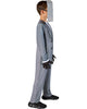 Person wearing a gray suit with a mask on a white background