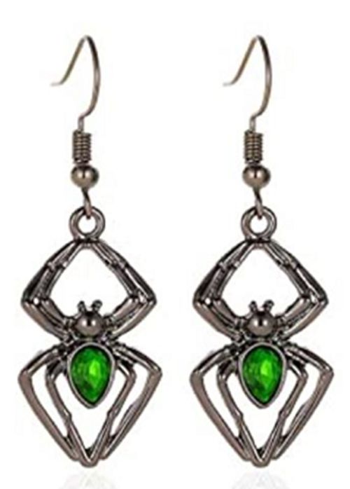 Silver Spider Earrings with Green & Black Gems