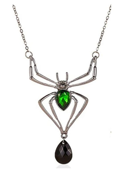 Silver Spider Necklace with Green & Black Gems