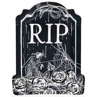 Graveyard scene with 'RIP' text, roses, and a raven on a black background