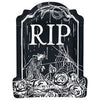 Graveyard scene with 'RIP' text, roses, and a raven on a black background