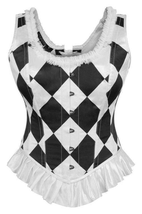 Top Drawer Black/White Diamond Steel Boned Corset w/Straps | Medium