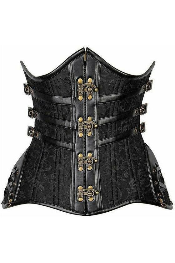 Black steampunk-style corset with gold accents on a white background
