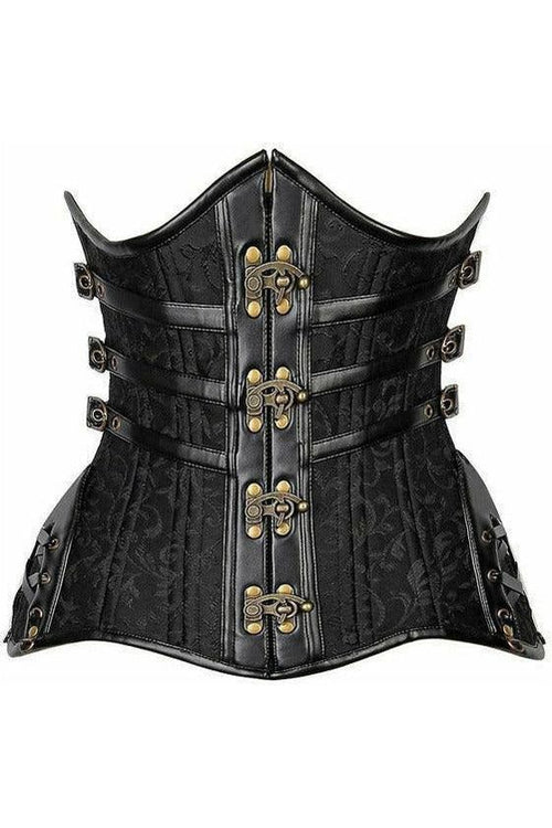 Black steampunk-style corset with gold accents on a white background