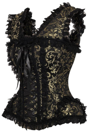 Top Drawer Gold/Black Swirl Brocade & Lace Steel Boned Corset w/Cap Sleeves