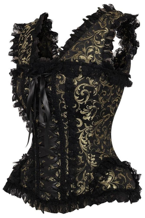 Top Drawer Gold/Black Swirl Brocade & Lace Steel Boned Corset w/Cap Sleeves