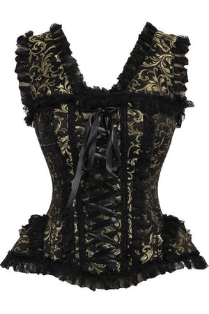Top Drawer Gold/Black Swirl Brocade & Lace Steel Boned Corset w/Cap Sleeves
