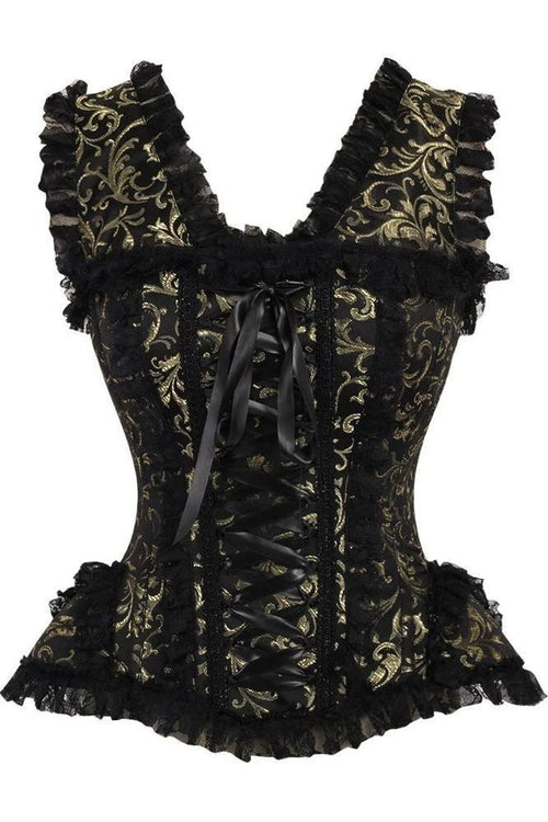 Top Drawer Gold/Black Swirl Brocade & Lace Steel Boned Corset w/Cap Sleeves