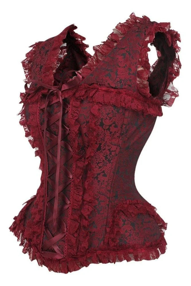 Red lace corset with ruffled details on a white background