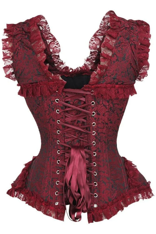 Red lace corset on a white background