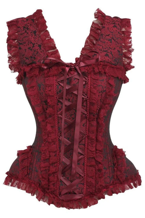 Red lace corset on a white background