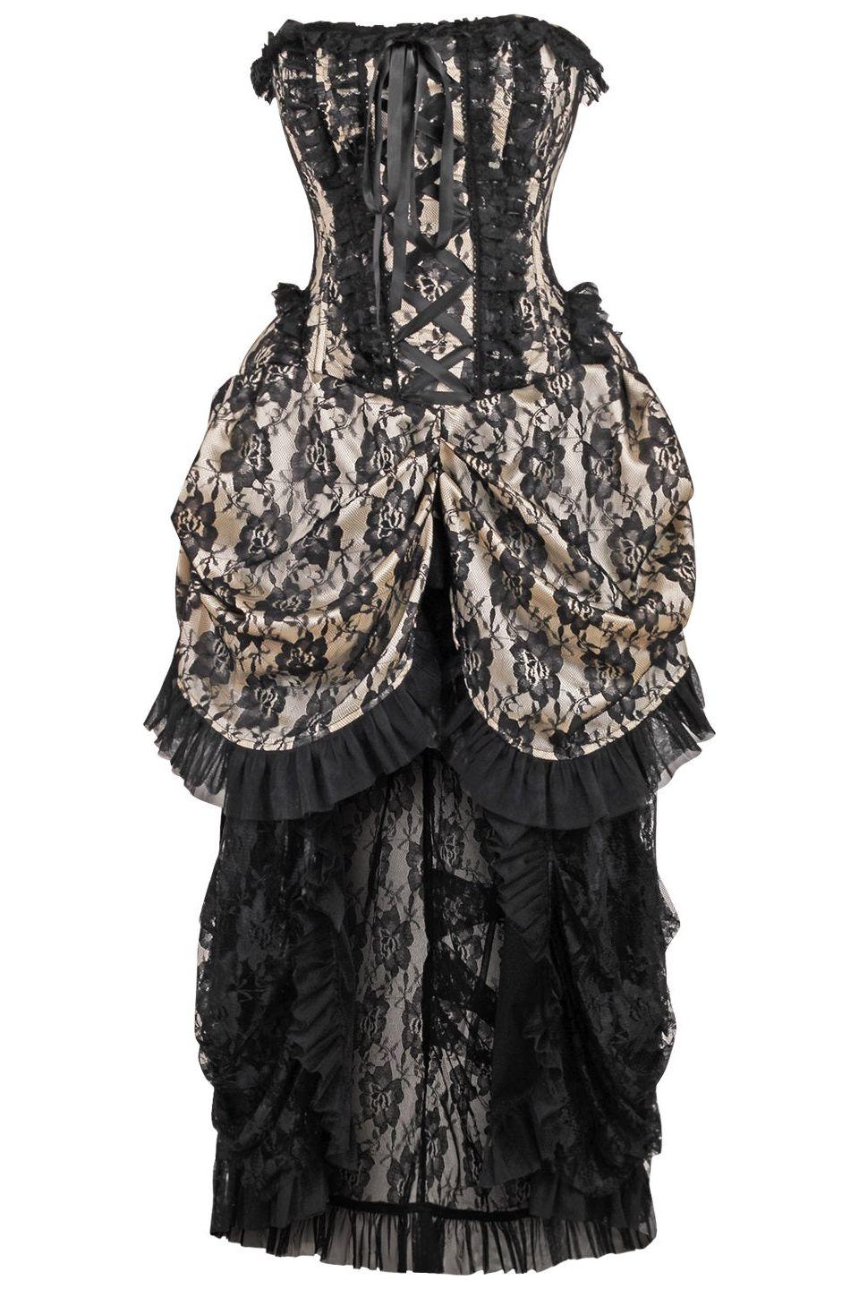 Top Drawer Steel Boned Cream w/Black Lace Bustle Corset Dress
